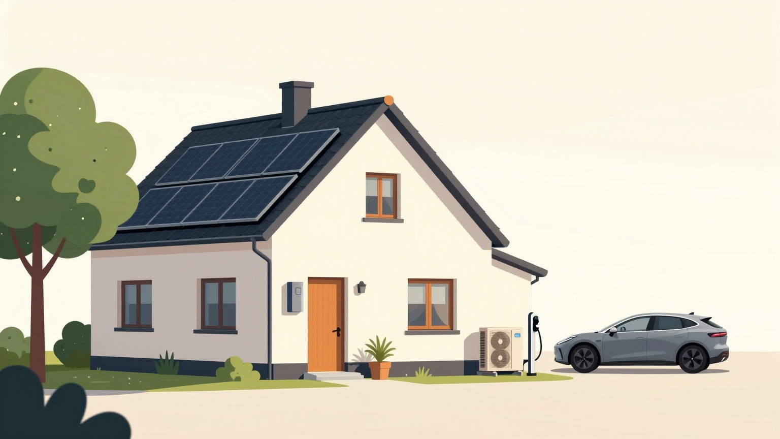 Een huis met zonnepanelen, een thuisbatterij naast de voordeur, een warmtepomp en een elektrische auto aan de laadpaal